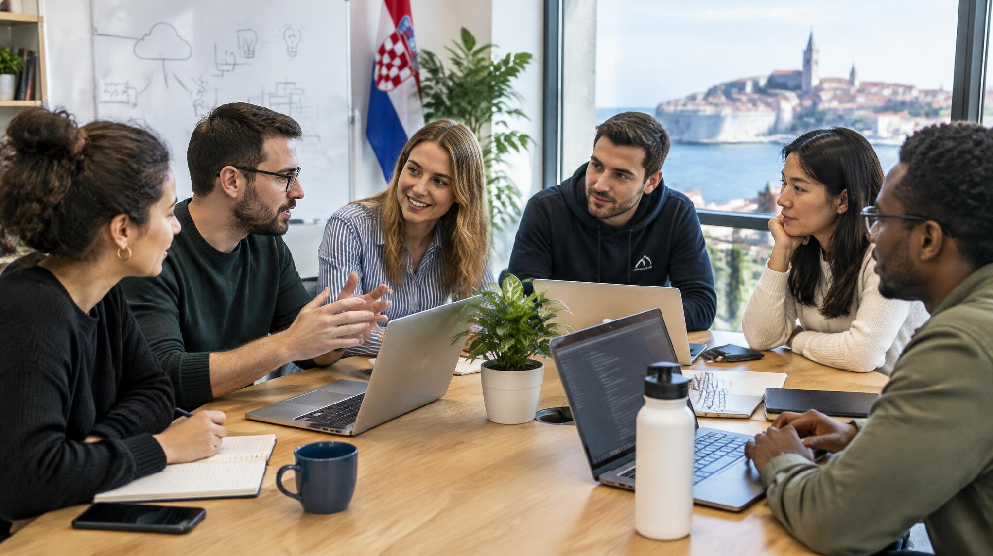 Group of colleagues working together at laptops