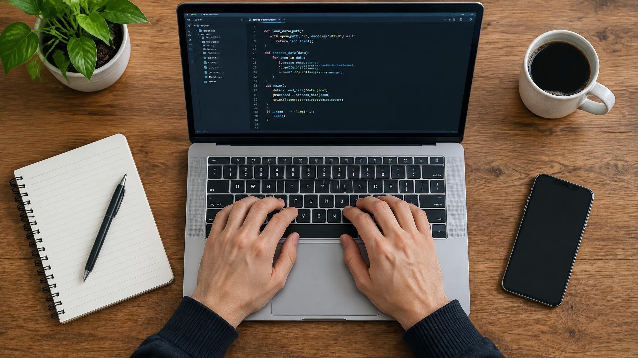 Hands typing on a laptop with code on the screen