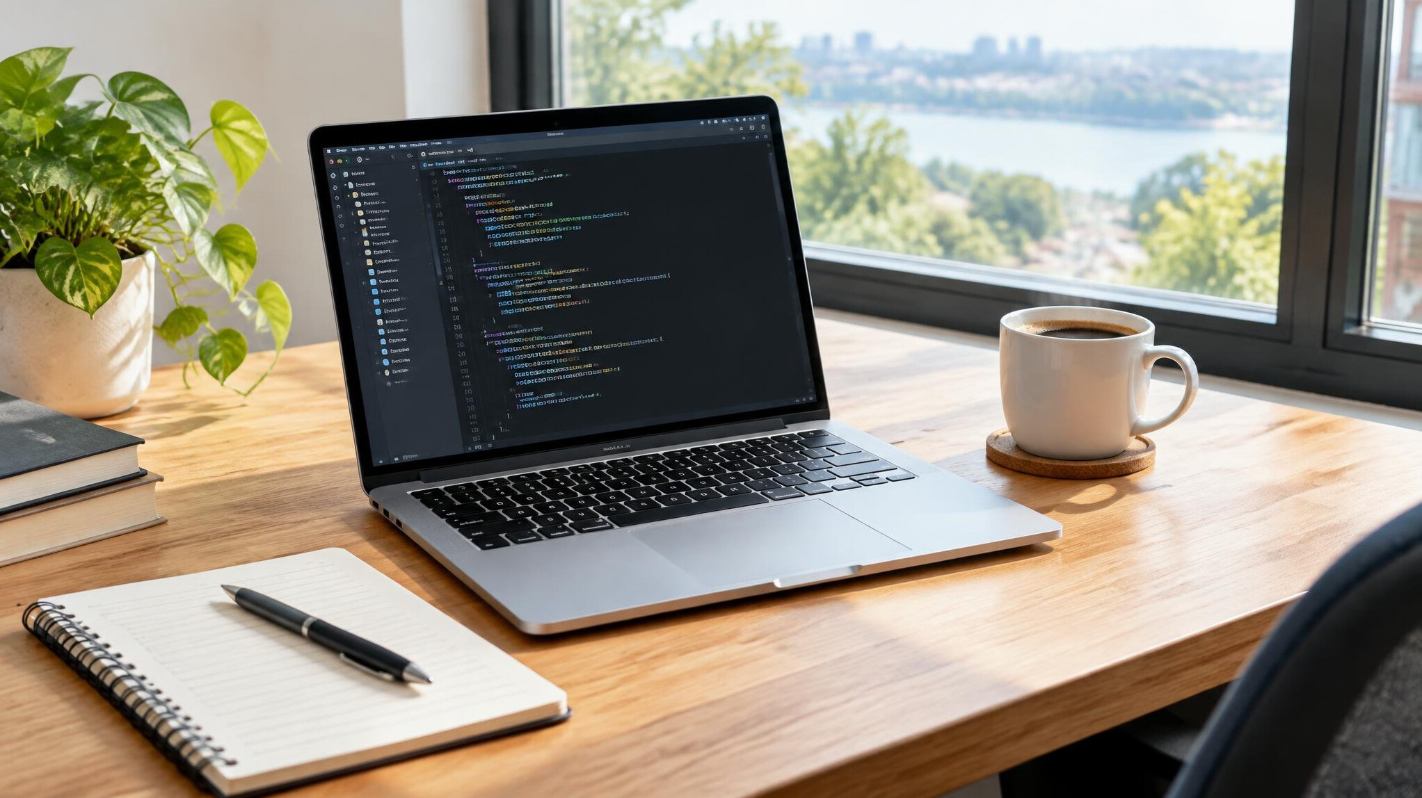 Bright workspace with a laptop and notebook